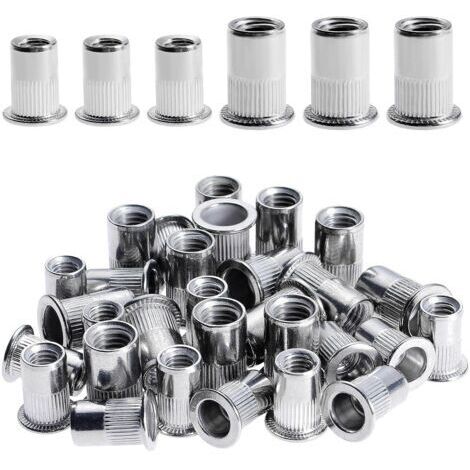 AHLSEN 100 Pièces Rivet Ecrou M6 M8, Écrous à Rivets en Acier Inox, Tête Plate Ecrou Insert Assortiment Kit pour Bois Meubles, Ecrou M6 Ecrou M8, Chaque Taille 50 Pièces