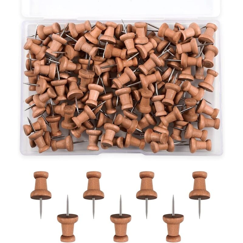 Ahlsen - 100pcs Wooden Drawing Pins, Map Tacks, Marking Pins, Map Thumbtacks with Steel Tip for Cork Pin Board Craft Projects