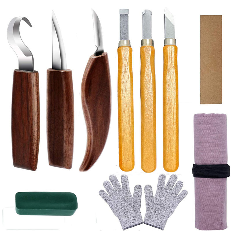 10Pcs Outils Sculpture sur Bois Kit, Acier Carbone Kit avec 3 Ciseaux à Bois, 3 Couteau Sculpture Bois, Gants,Sac Rangement, Professionnel Outillage