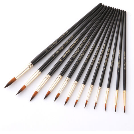 AHLSEN 12 Pièces Nylon Pinceaux Peinture Acrylique Professionnel, Artiste Pinceau Set pour Aquarelle Gouache Peinture à l'huile, Art Paint Brush Ronds Pointus Langue de Chat Ovale Lavage (Noir)