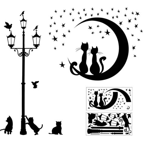 Ahlsen 2-teiliges Set mit schwarzen Katzen-Wandaufklebern, selbstklebendes Set für Wanddekoration, Stehlampen-Stern-Katze-Wandaufkleber, Wandaufkleber, selbstklebende Aufkleber, Wandbilder für Wohnzim