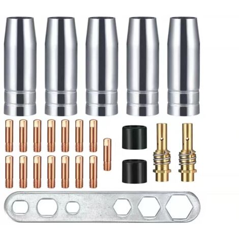 Ahlsen 25 puntas de contacto para boquilla de soldadura, soporte para conector de gas, ajuste de soldadura para AK-15/MB-15, 5 boquillas de gas, 15 boquillas M6 de 0,8 mm, 2 mangos de boquilla, 2 aisl