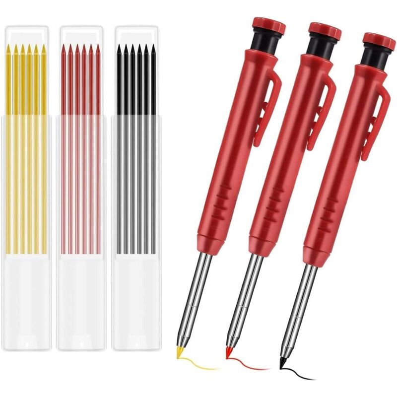 Ahlsen - 3 Pièces Crayon Chantier, Crayon Menuisier avec 18 Recharges Gris Jaune Rouge, Crayon de Chantier avec Taille-Crayon Intégré pour Dessin