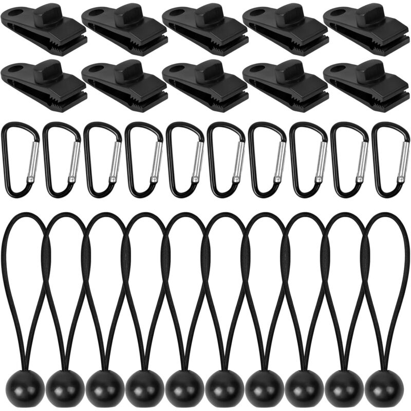 30 pcs Clips de Bâche Pinces Robuste Attache Bâche pour Extérieur Clip de Tente avec Cordon Élastique et Crochets Mousqueton en Forme de d pour