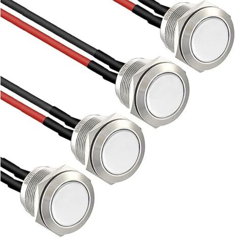 Ahlsen 4× 16mm Momentané Bouton-Poussoir Étanche en Acier Inoxydable Bouton-Poussoir, boutons de sonnette 12V 2A 250V， pour voiture, PC, lampe de table（ Ronds） (Tête plane)（précâblé）