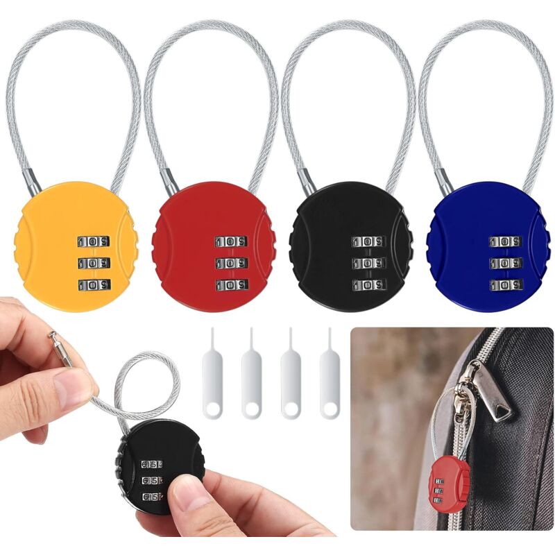 Ahlsen - 4 Pièces Cadenas à Combinaison, Petit Cadenas à Code Cable, Cadenas de Sécurité à Combinaison à 3 Chiffres Réinitialisables pour Valise Sac