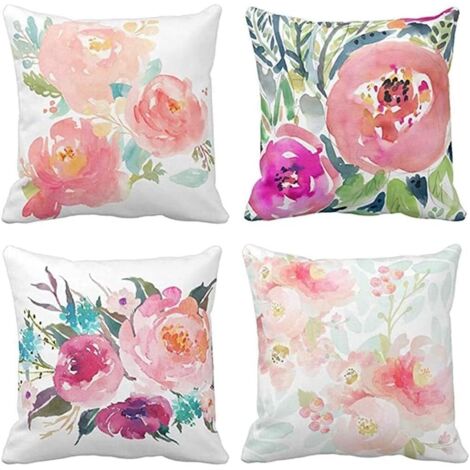Ahlsen 4 pièces housses de coussin 45 x 45 cm pivoine été aquarelle floral rose fleurs Girly pastel menthe coloré taie d'oreiller décorative décor à la maison carré 18x18 pouces taie d'oreiller
