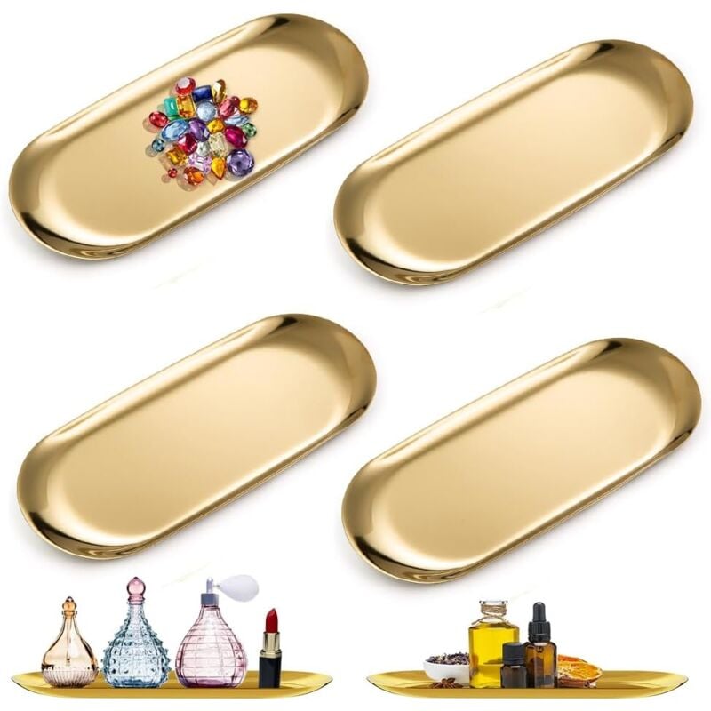 Ahlsen - 4 Pièces Plateau Doré, Plateau Ovale, Plateau de Rangemen Doré, Inoxydable Plateau Rangement en Métal pour Collation Fruits Bougies Bonbons,