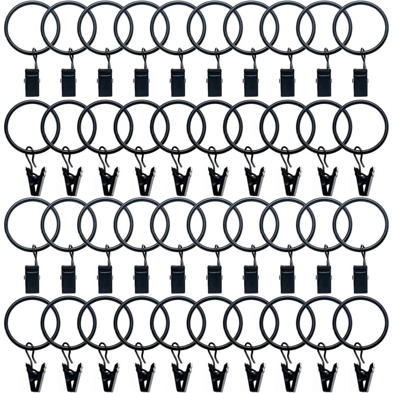 Ahlsen - 40 Pièces Anneaux Rideaux Metal avec Pinces Pince pour Rideaux Diamètre Intérieur de 32mm Noir