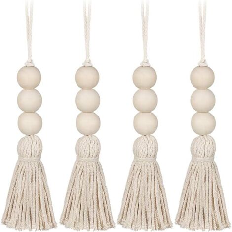 Ahlsen 4Pcs Gland Perles en Bois Ferme Perles Glands Perles de Prière Naturelles Coton Ligne Décorative Tenture Murale Pompon Perle Pendentif pour Placard Armoire Porche