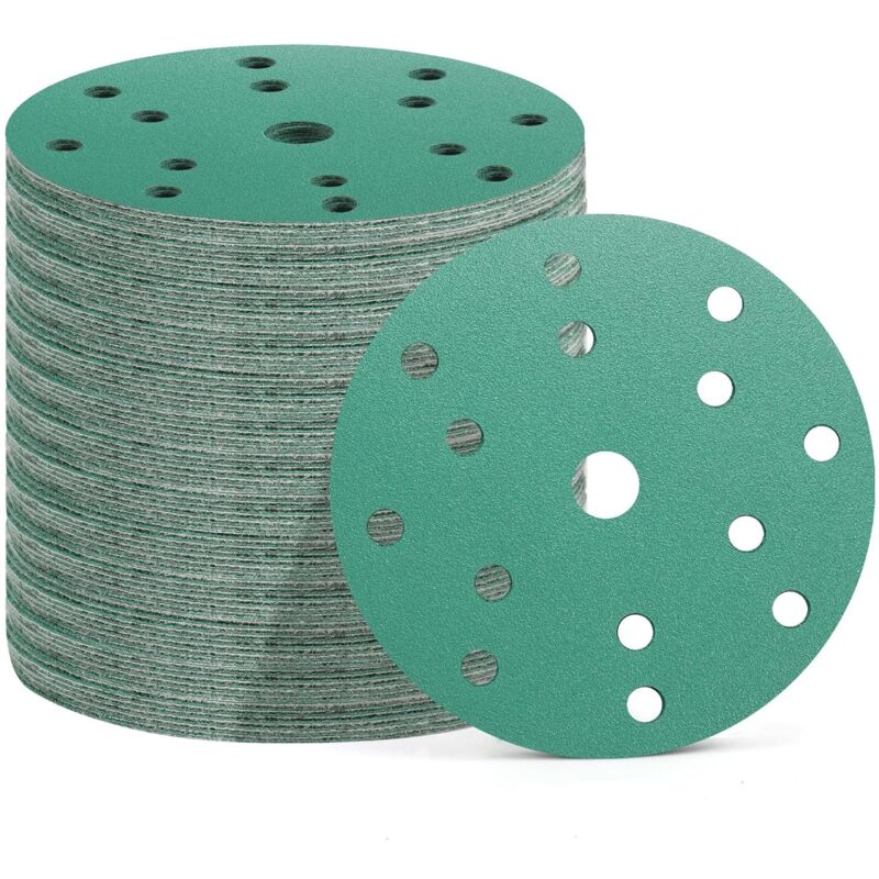 50 Pièces Disques Abrasifs 150 mm, 15 Trous, 10x Grain 60/80/120/180/400, Papier Poncage pour Ponceuse Excentrique (Vert(P60/P80/P120/P180/P400))