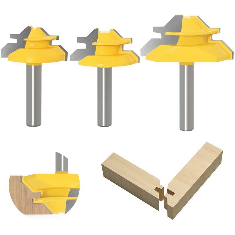 Ahlsen 8 mm Shank Rail Finger réversible Joint Router Colle Bit 3Pcs , 45 Degrés Lock Mitre Router Bit, cône Tenon Fraises pour Le Travail du Bois