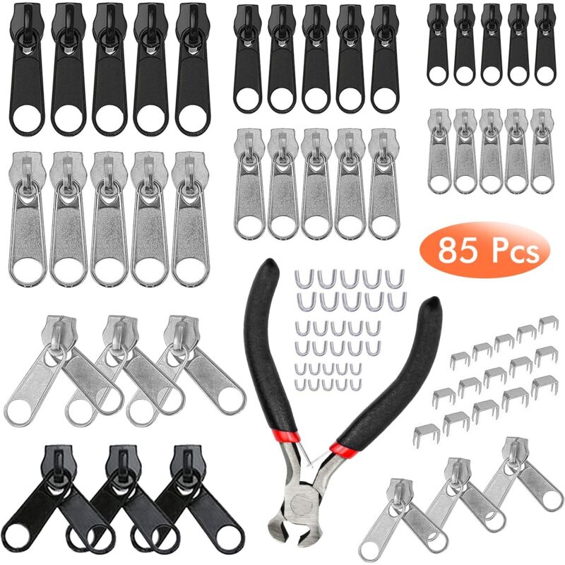 Ahlsen 85pcs Replacement Zipper Sliders, Zipper Repair Kit with Mini Pliers, Zipper Replacement for Garment, Bags, Jackets, Tents, Luggage