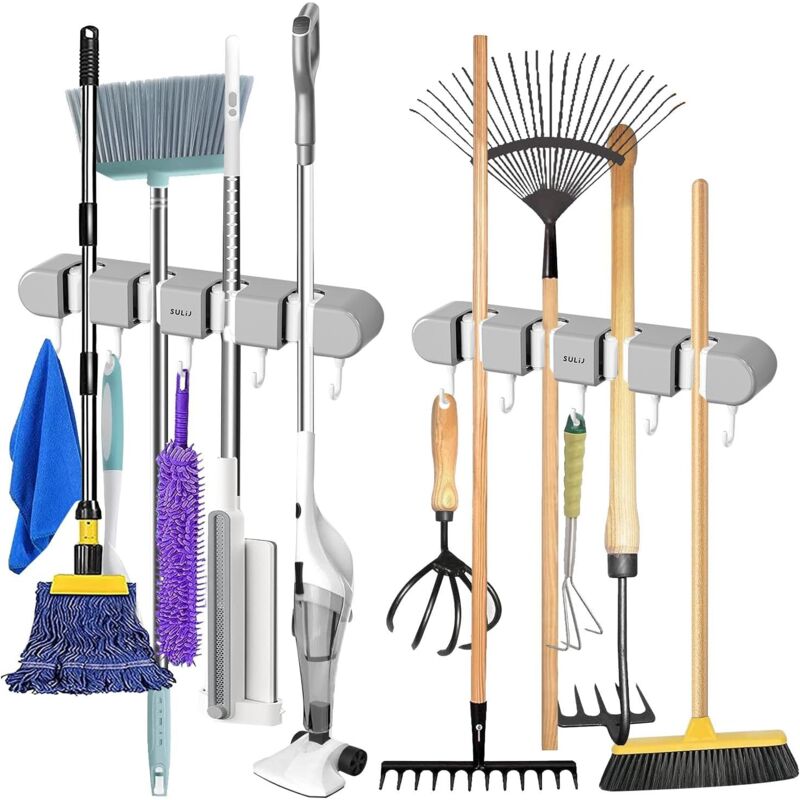 Ahlsen - Accroche Porte Balai Mural - 2 Pièces Balai à Franges Support Mural Autocollant Porte-Outils Organize avec 10 Supports et 8 Crochets