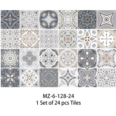 Ahlsen Autocollants carrelage salle de bain et cuisine 24 pièces 15x15 cm  Décoration murale adhésive en PVC imperméable Carreaux de ciment mosaïque Azulejos