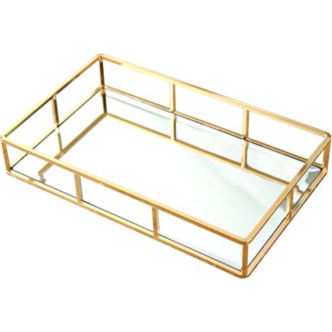 Ahlsen Bandeja de espejo, Bandeja rectangular, Bandeja de espejo decorativa, Bandeja dorada, Bandeja de metal, Bandeja vintage, Bandeja para servir joyas, Ideal para decoración de baño, 30x21x5cm