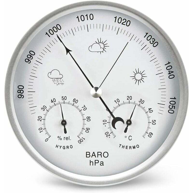 Baromètre à Cadran avec Thermomètre Hygromètre Station Météo Pression Barométrique (Métrique) Argent 132MM - Ahlsen
