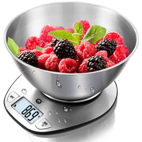 Ahlsen Báscula de cocina electrónica multifuncional de precisión con pantalla digital grande y recipiente de acero inoxidable - 5 kg
