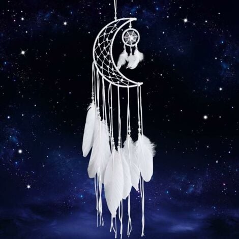 Ahlsen Blanc Attrape-rêves Main Lune Conception avec Plumes Dream Catcher Tenture Murale Décoration de La Maison Ornement Festival Artisanat Cadeau (lune Blanc)