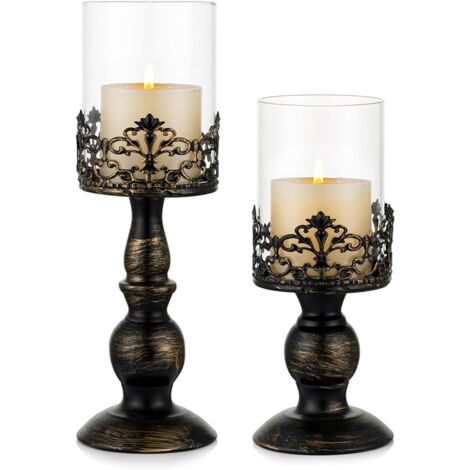 Ahlsen Bougoire Chandelier en Ouragan Noir en Détresse Vintage 2pcs, Socle Polyvalent en Verre de Piédestal Métallique Base pour la Décoration de Fête Mariage Décoration Cheminée 27cm & 33cm