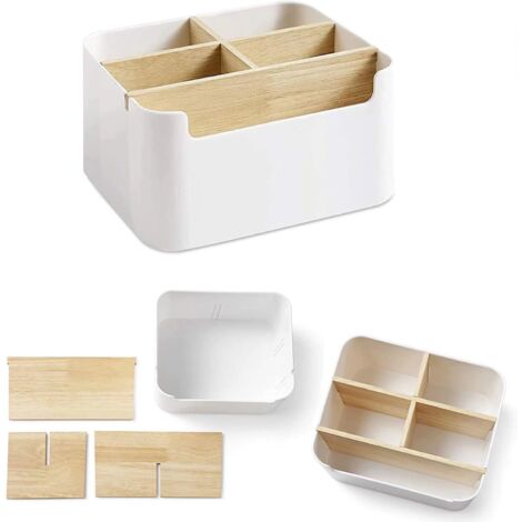 Ahlsen Caja de almacenamiento de escritorio, 5 compartimentos, caja de control remoto de goma de madera, caja de almacenamiento multifuncional para controles remotos, suministros para el hogar y la of