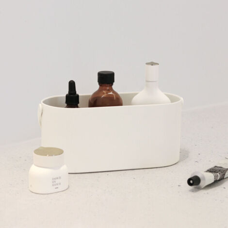 Ahlsen Caja de cosméticos portátil con espejo cosmético de almacenamiento de escritorio iluminado LED, espejo de caja de acabado multiusos multifuncional (blanco)