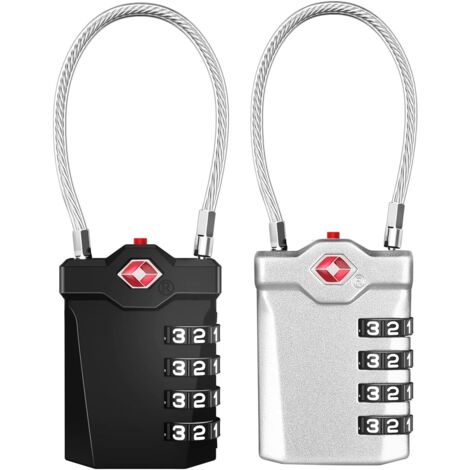 Ahlsen Candado para maleta, candado de combinación TSA de 4 dígitos con alarma abierta, candados para equipaje de viaje con cable flexible (paquete de 2, negro y plateado)