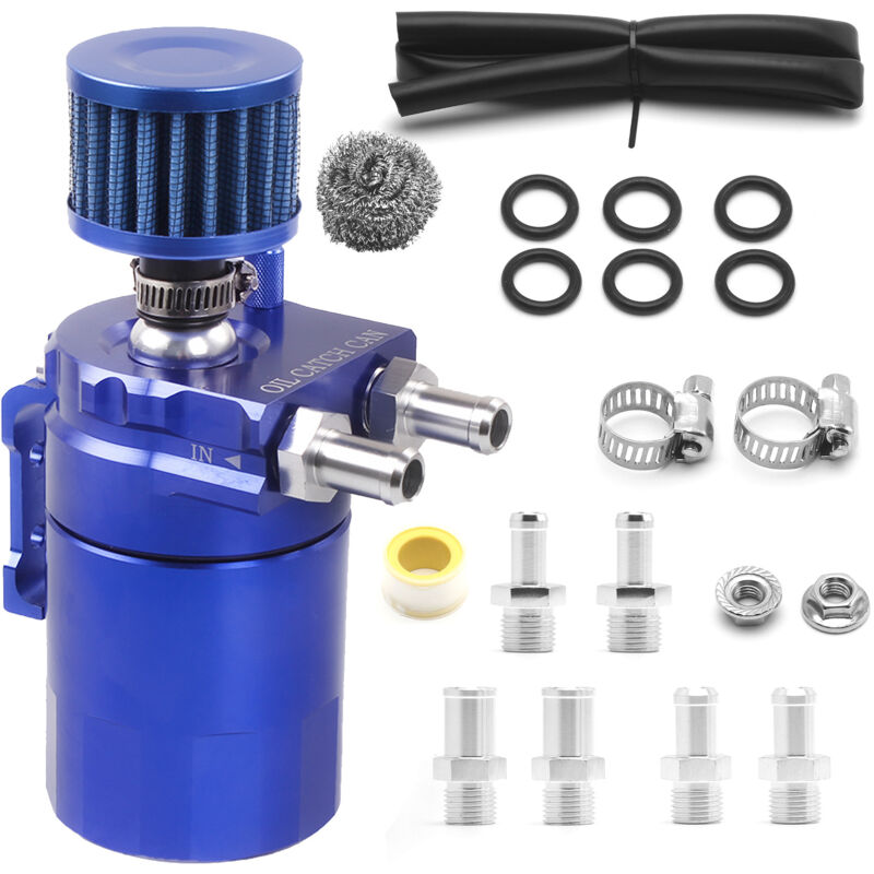 Ahlsen - Car Oil Catch Tank Can,Récupérateur huile moteur,Aluminium Oil Storage Tank with Air Filter Spare Hose Accessories 300ml Tank (bleu)