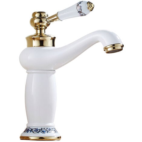 Ahlsen Céramique Antique Laiton Robinet Lavabo De La Salle De Bains Robinet Bleu Et Blanc En Porcelaine À Long Cou Vintage Robinet Mitigeur Évier Cuisine Cuisine Robinet D'eau Froide / Chaude(blanc)