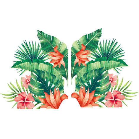Ahlsen Conjunto de pegatinas de pared de flores de hibisco tropical, pegatinas de pared de plantas de hojas naturales, pegatinas de hojas verdes removibles para decoración