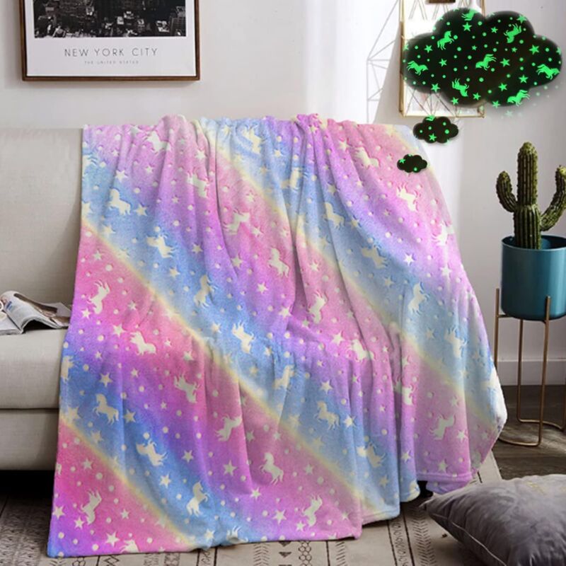 Couverture Lumineuse Plaid Enfant Fille, Couverture Enfant Licorne Phosphorescent, Couverture Chaude Flanelle avec Étoiles et Motifs de Poney pour