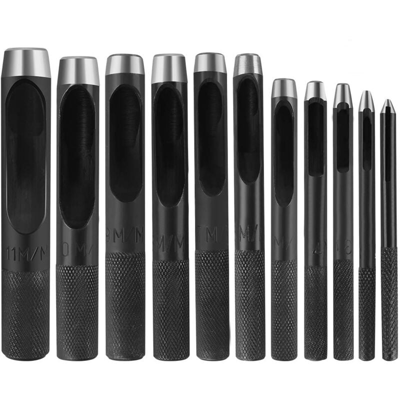 Ahlsen Creux Poinçon en Cuir 11Pcs Poinçon Creux en Acier allié au chrome vanadium Rond Outils de Poinçon de Trou Creux de l'Artisanat en Cuir 1-11mm