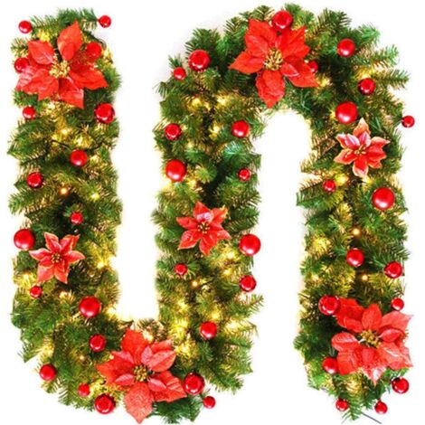 Ahlsen Décoration de guirlande de Noël avec des lumières, plantes de vigne artificielles en rotin de Noël avec des fleurs et des ornements de boule, décoration de manteau de cheminée d'intérieur et d'