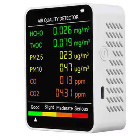 Ahlsen Detector de calidad del aire multifunción 6 en 1 Detector de monóxido de carbono Dióxido de carbono formaldehído Detector de pantalla LCD grande con batería de litio incorporada Blanco