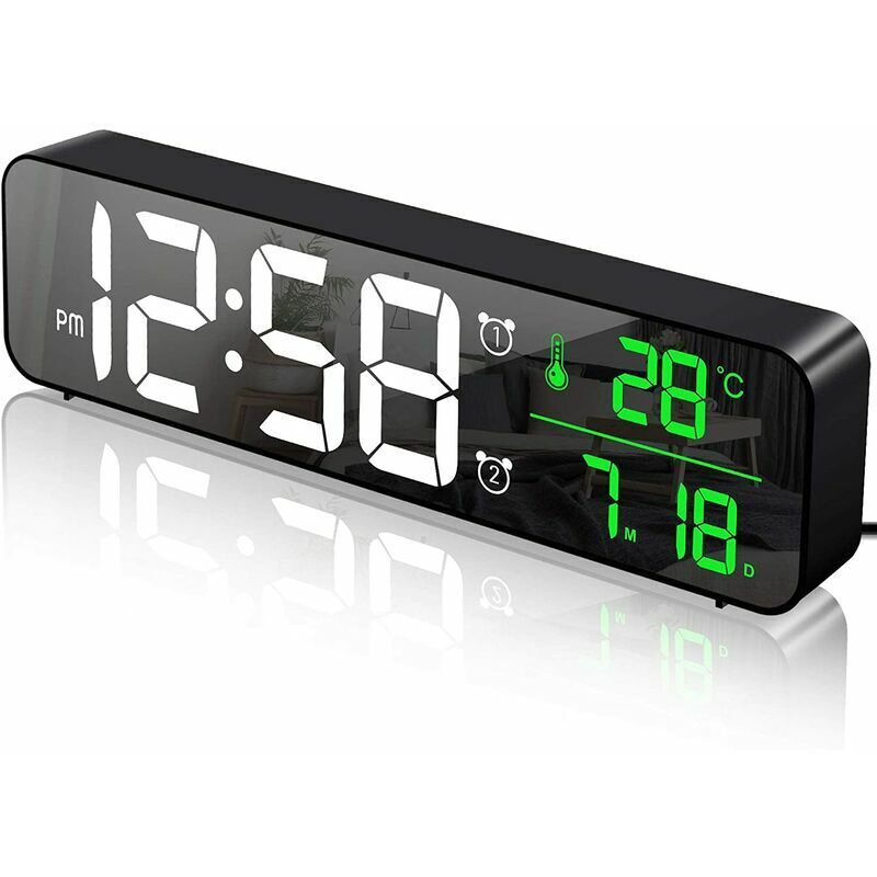 Ahlsen - Digital Alarm Clock, Large Screen Digital Led Mirror Alarm Clock Wall Clock With Date And Temperature Usb Clock For Home And Office (Black)