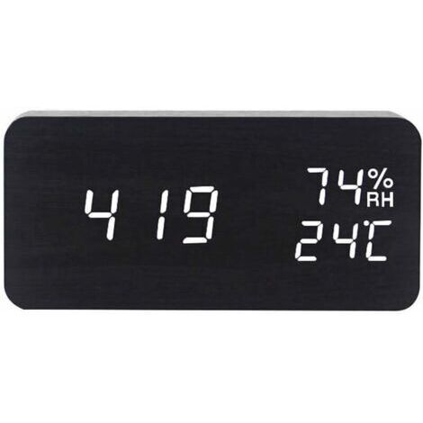 Ahlsen Digitaler Wecker aus Holz mit einstellbarer Helligkeit, Sprachsteuerung, rechteckiger LED-Uhr mit Zeit- und Temperaturanzeige, Wohnaccessoire, Schwarz