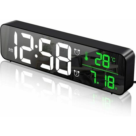 Ahlsen Digitaler Wecker, großer Bildschirm, digitaler LED-Spiegel, Wecker, Wanduhr mit Datum und Temperatur, USB-Uhr für Zuhause und Büro (schwarz)