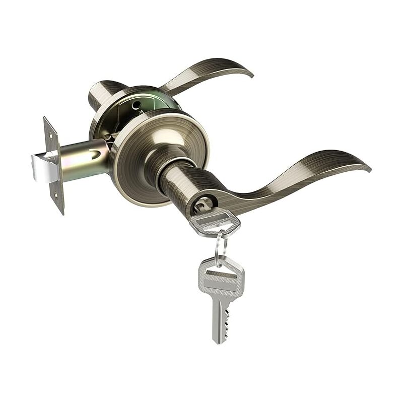 Door handle, bronze door handle inside and outside door lock bar with key antique brass suitable for bedroom bathroom privacy no key required wave