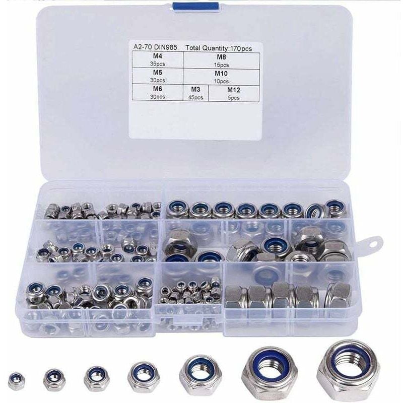 Ecrou Hexagonal, 170 Pièces Nylon Écrou De Blocage Assortiment Kit, Acier Inox Hexagonale Ecrous De Verrouillage, 304 Et Nylon Dimensions: M3, M4,