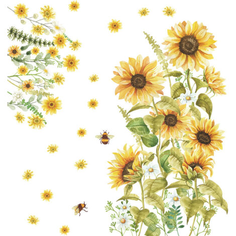 Ahlsen Ein Satz Sonnenblumen-Bienen-Wandaufkleber für Wohnzimmer, Schlafzimmer, Büro, Fenster, Zuhause, Wanddekoration
