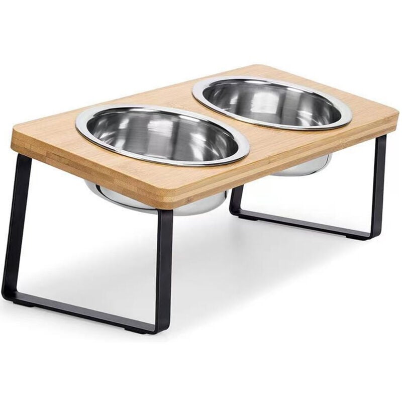 Elevated Cat Bowls for Food and Water 15° Tilted Raised Stainless Steel Cat Food Bowl with Bamboo Stand and Anti Vomit Feeding Station for Indoor