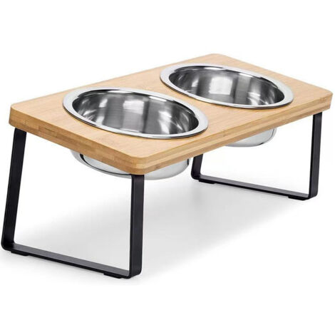 Ahlsen Elevated Cat Bowls for Food and Water 15° Tilted Raised Stainless Steel Cat Food Bowl with Bamboo Stand and Anti Vomit Feeding Station for Indoor Cats and Pet
