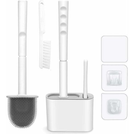 Ahlsen Escobilla de baño y cepillo de limpieza de silicona, escobilla de baño de mango largo, escobilla de baño con soporte de pared para baño o inodoro