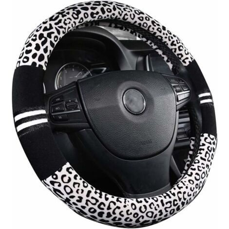 Ahlsen Funda cálida para volante de coche con estampado de leopardo suave, mango de freno de mano, cambio de marchas, felpa para mujer en invierno, color blanco
