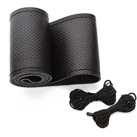 Ahlsen Funda universal de cuero para volante de coche, costura artesanal, transpirable, antideslizante, 15 "(negro)