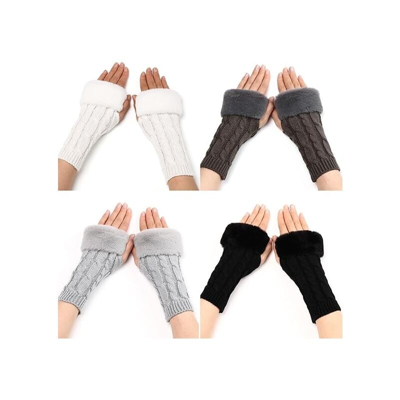 Gants Sans Doigts Chauffe, 4 Paires Poignets en Cachemire Poilue Peluche Gants Thermiques avec Trou pour le Pouce Sans Doigts Chauds Pour Femme et