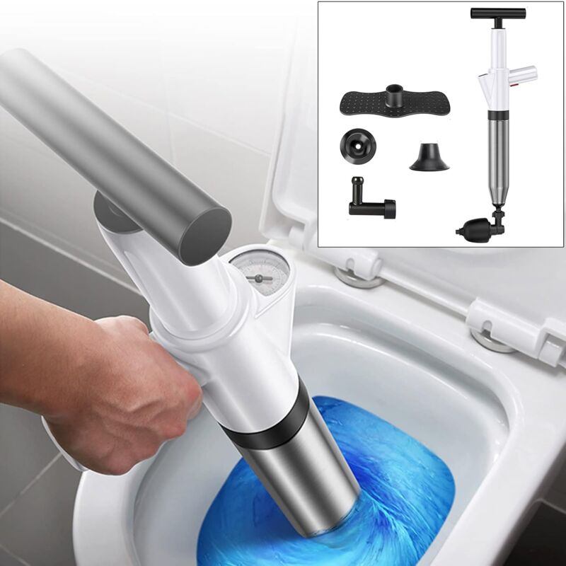 Ahlsen - High Pressure Toilet Unblocker with 4 Replaceable Heads, Toilet Pump Unblocker, Pipe Unblocker for Toilet, Sink, Floor Drain, Clogged Pipes