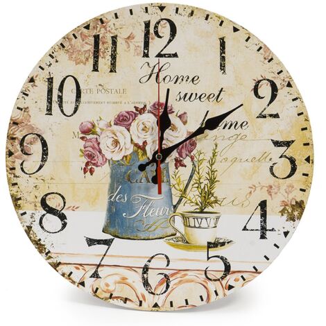 Ahlsen Home 34cm Vintage Horloge Murale Rustique, silencieuse en Bois Cadran Horloge minuteur  (Café et Fleur)