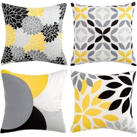 Ahlsen Housse de Coussin Décoratif 45 x 45 cm Souple Durable Taie d'oreiller Carré avec Motifs Imprimés pour Canapé Sofa Lit Maison Salon Chambre Hôtel Voiture, Jaune Gris et Noir, 4 Pièces