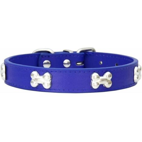 Ahlsen Hundehalsband aus echtem Leder mit Knochenbesatz, bequeme, größenverstellbare Halsbänder für kleine und mittelgroße Hunde (Königsblau)